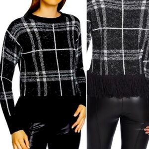 1 STATE Pullover Sweater Eyelash Fringe Plaid Fuzzy Black XS